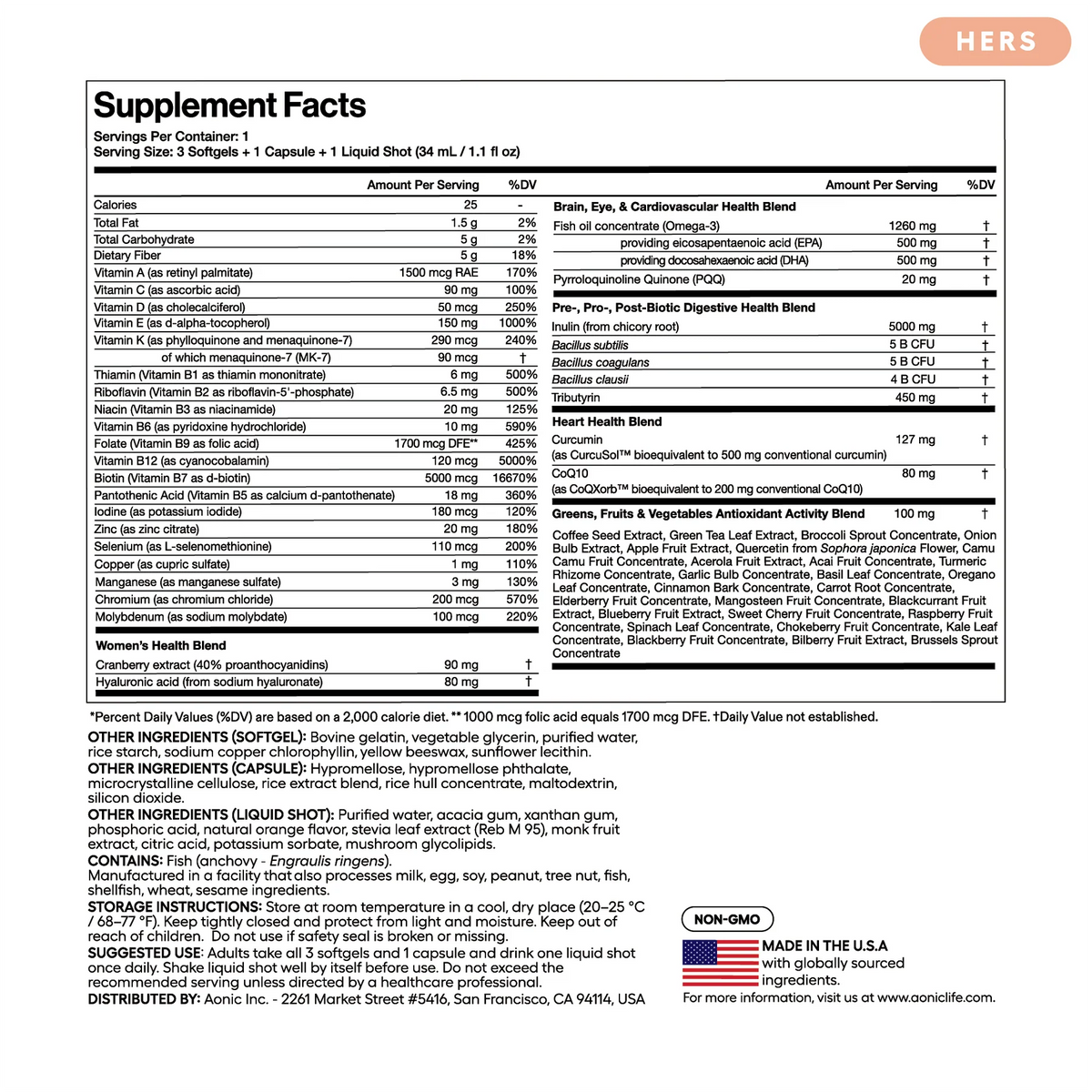 Aonic Complete HERS Supplement Facts label