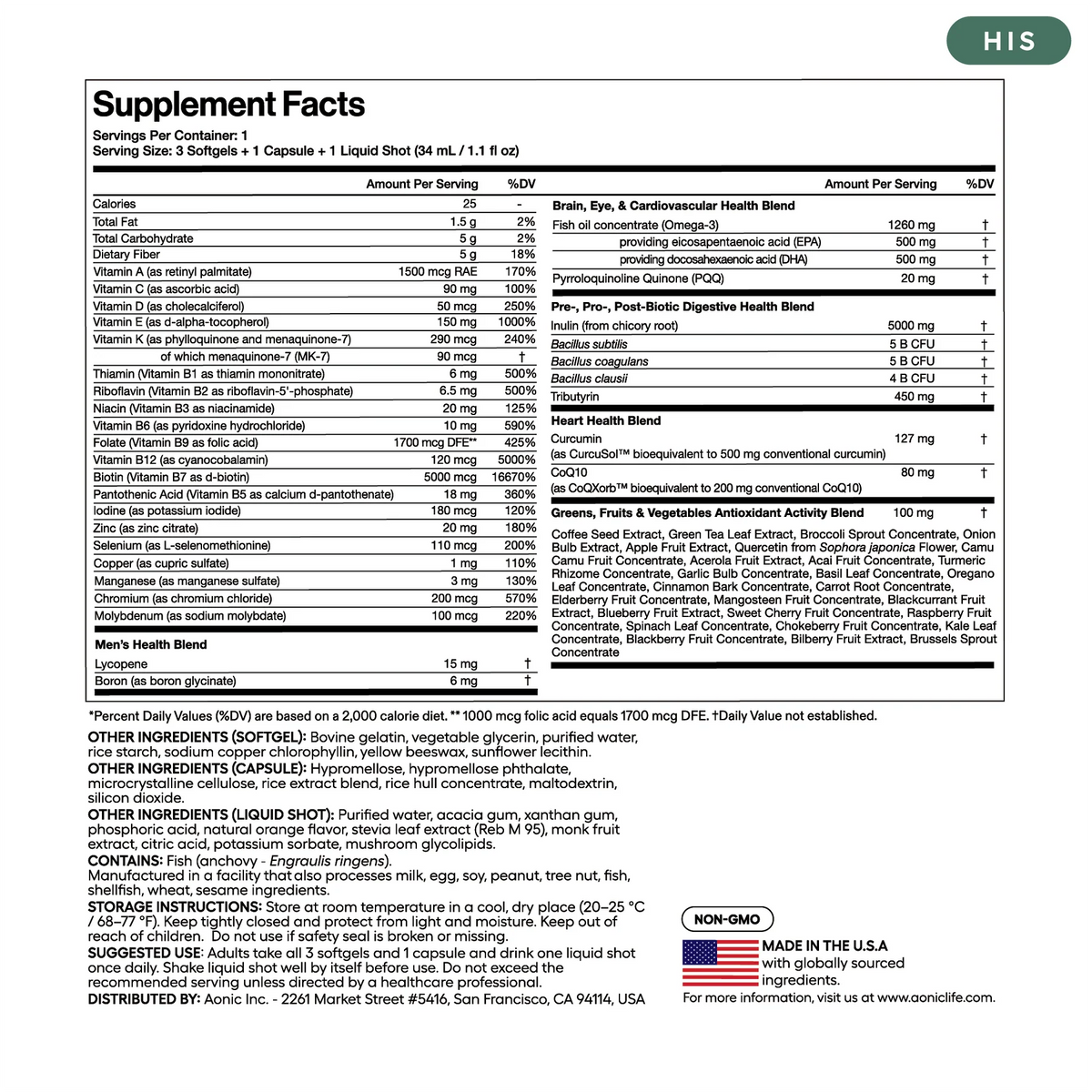 Aonic Complete HIS Supplement Facts label